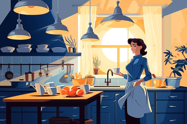 Vector woman cook standing in kitchen