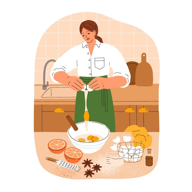 Woman cooking bakery at home kitchen. Girl making homemade cookie, preparing food, mixing eggs and flour ingredients in bowl at table. Flat graphic vector illustration isolated on white background