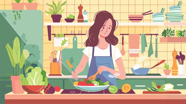 Woman Cooking at Home Hostess Takes Care of Household