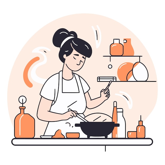 Woman cooking in the kitchen in a flat style