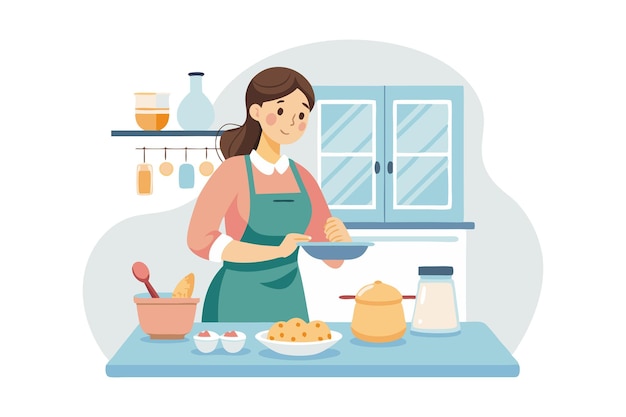 Vector woman cooking in the kitchen preparing a meal happy woman making food with fresh ingredients