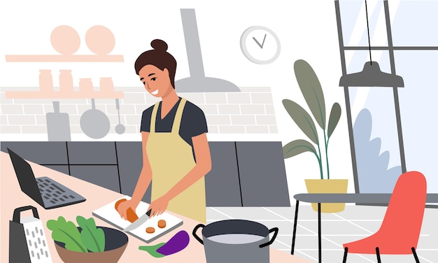 Woman cooking in kitchen. Soup in frying pan. Homemade food.