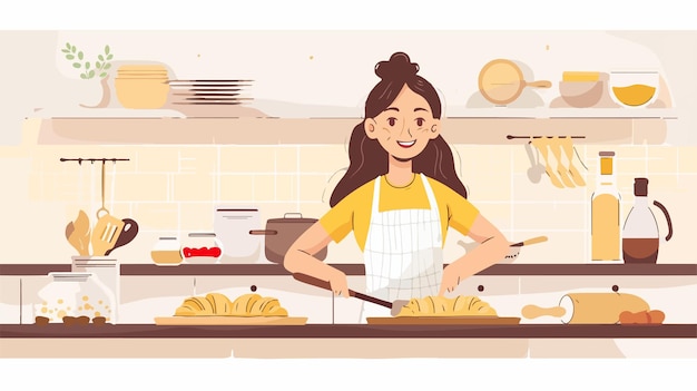 a woman cooking in a kitchen with a pan of food