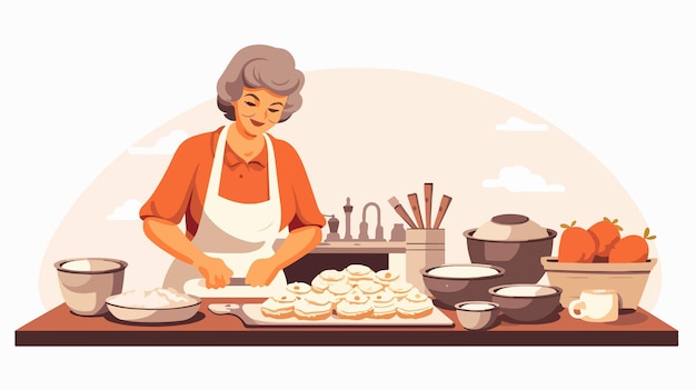 a woman cooking in a kitchen with a picture of a woman cooking with a pan of cookies