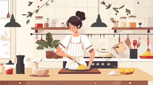 a woman cooking in a kitchen with a pot of food