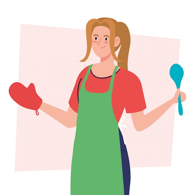 Woman cooking using apron with spoon and glove