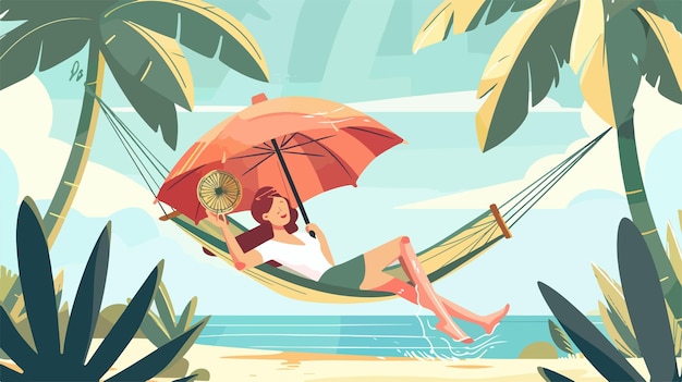 Vector woman cooling off with fan on hammock in summer heat