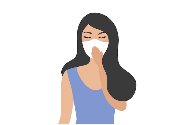 woman coughing and sneezing holding tissue suffer from running nose and fever vector illustration