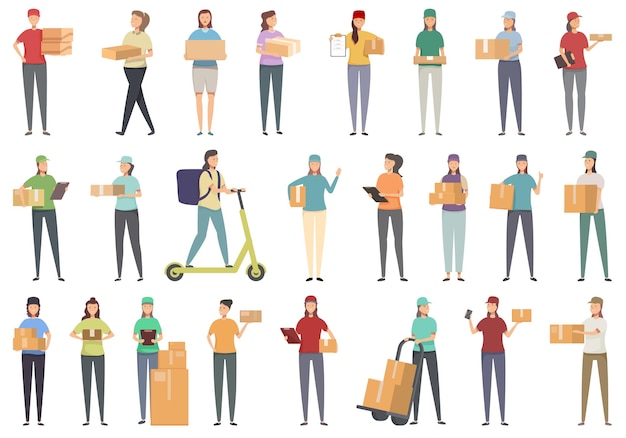 Woman courier icons set cartoon vector Delivery person