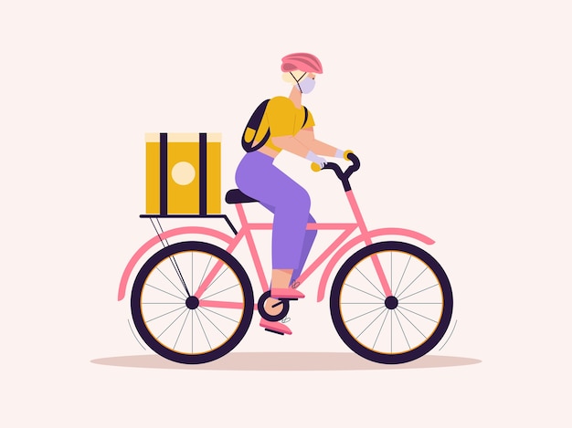 Woman courier with package on bicycle. Young girl in protective mask and gloves. Fast contactless delivery food or purchases, online shopping