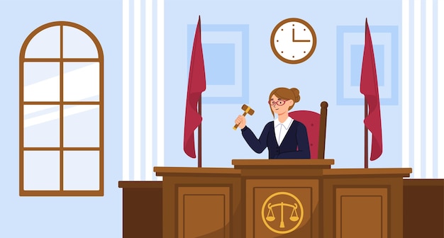 Woman in court concept Judge with gavel on tribune Young girl announces verdict Law and legal processes Jurisprudence and legislation Attorney or notary Cartoon flat vector illustration