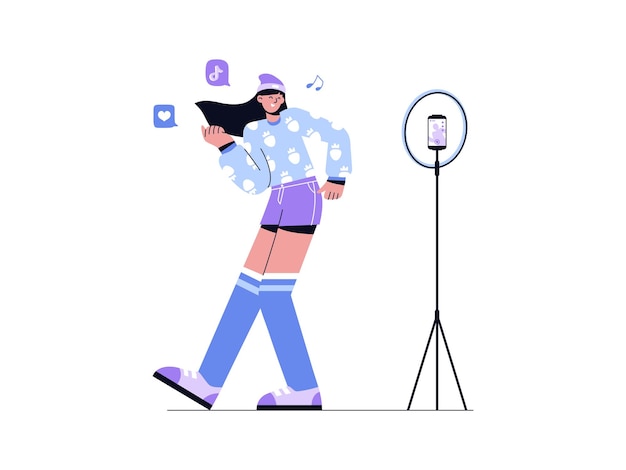 Woman creating content for TikTok hand drawn flat vector illustration for social media