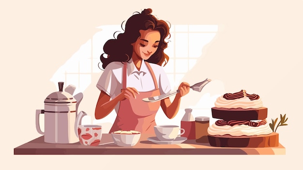 Vector woman cutting cake in home bakery with knife