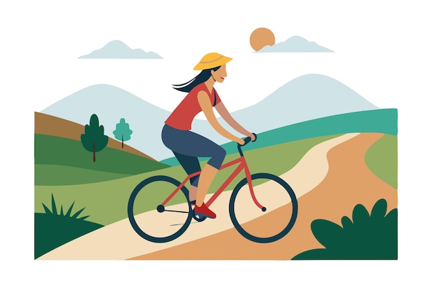 Vector woman cycling on a scenic mountain path on a sunny day enjoying outdoor recreation