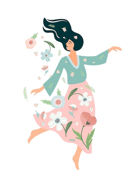 Woman dances with flowersSelf care self love harmony Isolated illustration