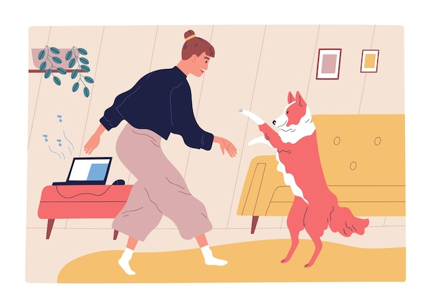 Woman dancing with dog. Cute border collie playing with owner. Female character and pet spend time together at home. Love and friendship between human and animal. Flat vector cartoon illustration.