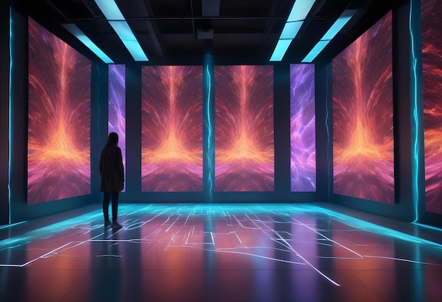 Vector a woman in a dark coat stands in a futuristic neonlit room with four large screens displaying abstract patterns the room features a dark floor with glowing blue lines that resemble a circuit board