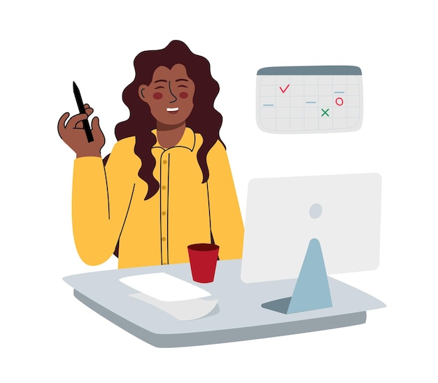 A woman dark skinned is working at a computer Work in the office and at distance Vector illustration