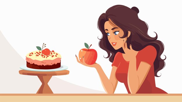 Vector woman deciding between healthy apple and indulgent cake flat vector illustration