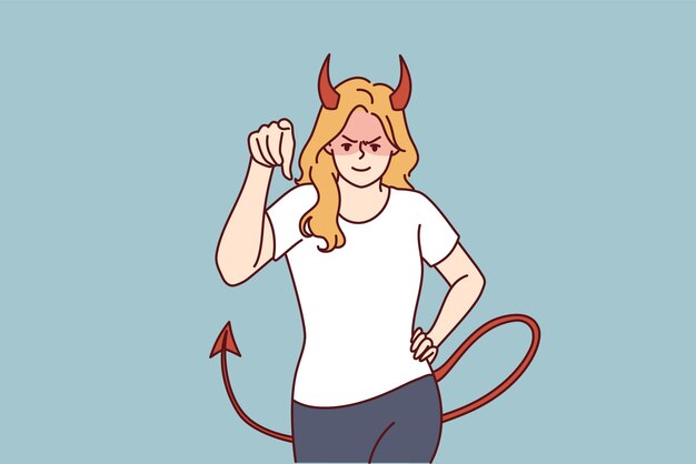 Woman demon with horns and tail points her finger at screen and looks at you aggressively