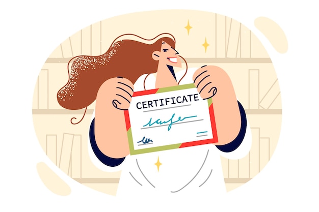 Woman demonstrates certificate received for excellent performance of professional tasks