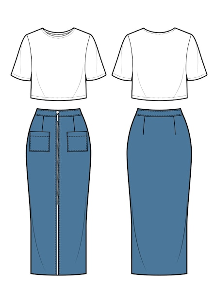 Woman denim skirt and crop t-shirt. Front view and back. Vector illustration. Fashion look