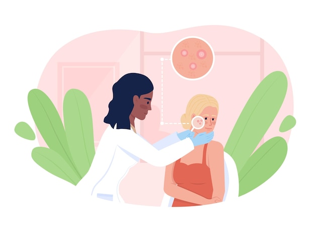 Woman at dermatologist appointment 2D vector isolated illustration