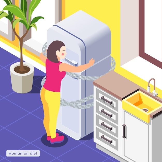 Woman on diet in the kitchen isometric illustration