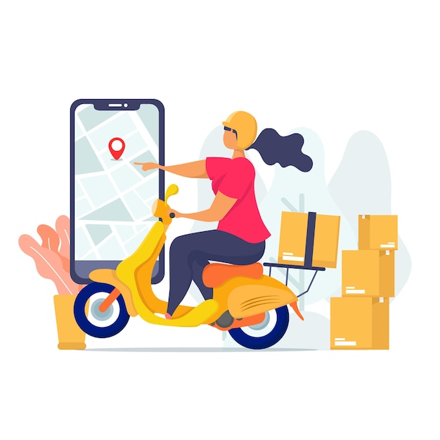 Woman Diving Motorcycle Deliver the Package With Map Pin Illustration