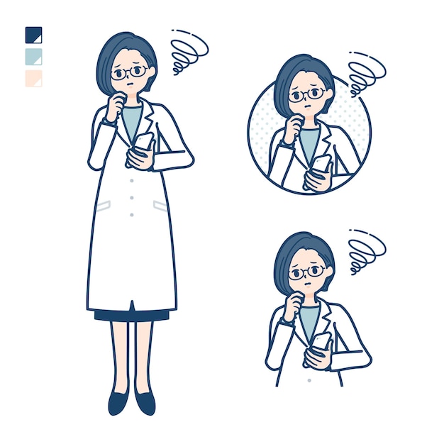 A woman doctor in a lab coat with Holding a smartphone and troubled images