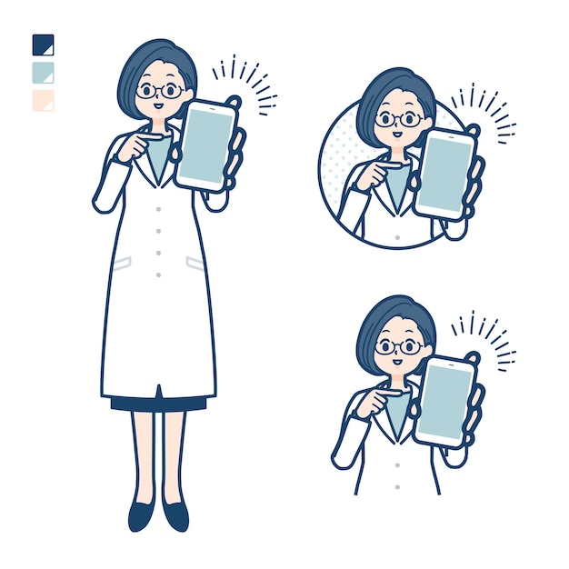 A woman doctor in a lab coat with Offer a smartphone images