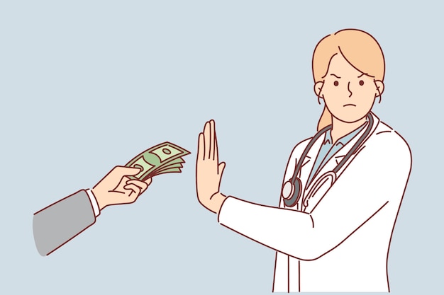 Woman doctor refuses money and corruption in healthcare system or lobbying from pharmaceutical corporations Girl in white coat with stethoscope around neck rejects bribe from patient