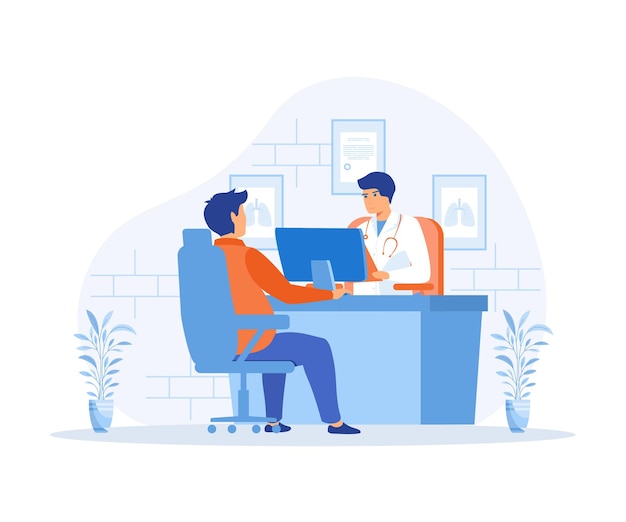 Woman at the doctor's appointment girl and male doctor sitting and talking at the table in the office flat vector modern illustration