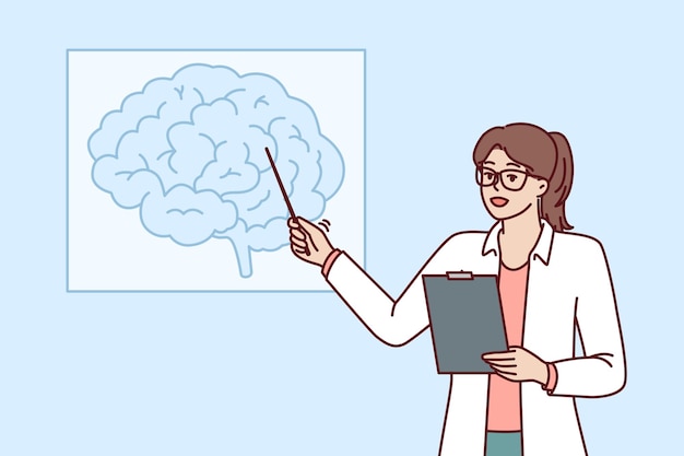 Woman doctor teaches neurology pointing at brain drawing during medical education course