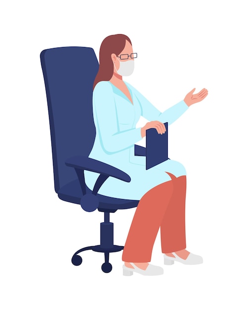 Woman doctor with mask sitting on chair semi flat color vector character