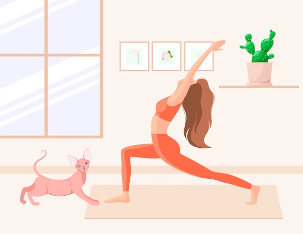 A woman does yoga at home. A healthy lifestyle.