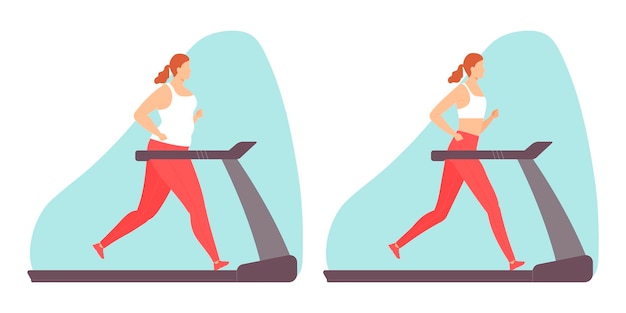 woman doing cardio exercise on a treadmillfat and slim woman Vector illustration in  flat style