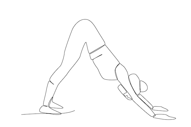 A woman doing Downward Facing Dog Split yoga pose right line art