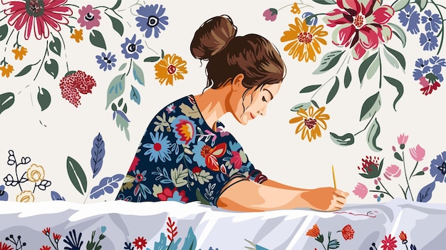 Woman Doing Embroidery on Cloth Fabric