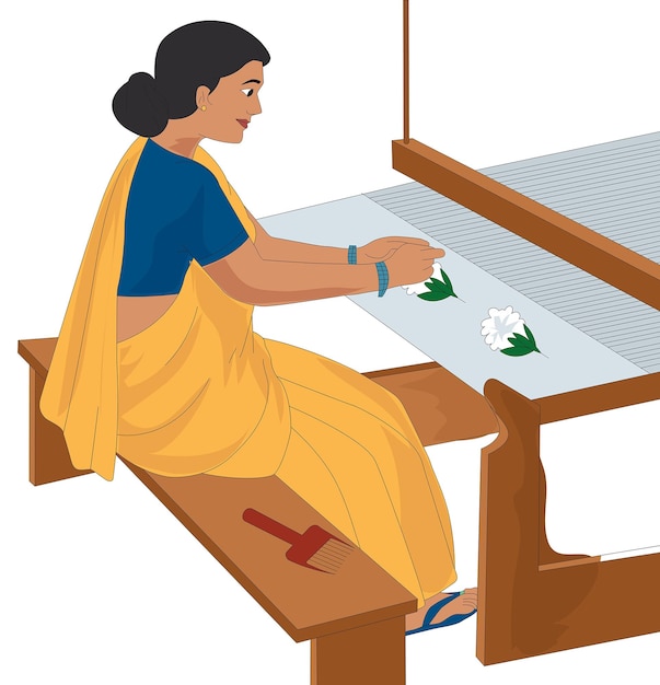 Woman doing embroidery on cloth fabric