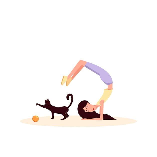 Vector woman doing gymnastics near to her a cat play ball color vector flat cartoon illustration isolated on white