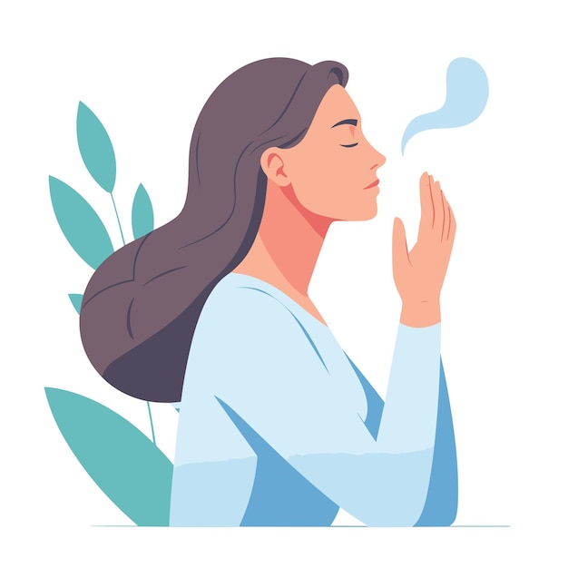 Woman doing inhale breath exercise for calm stress relief vector illustrations on white background