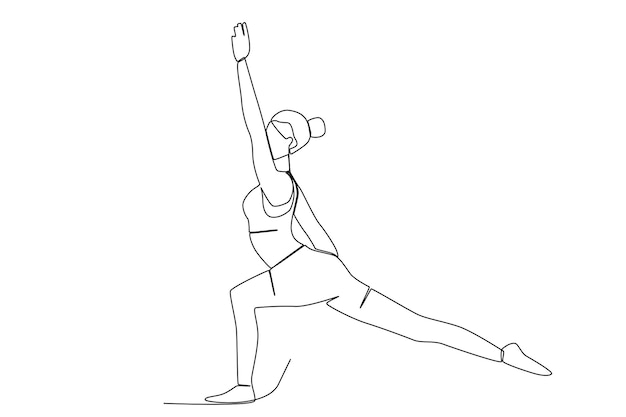 A woman doing Warrior I Virabhadrasana I yoga pose line art