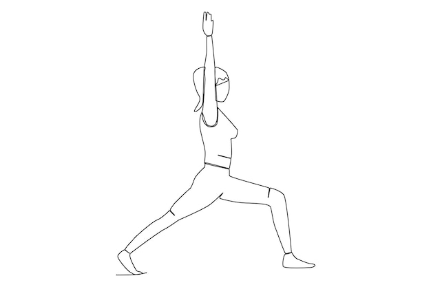 A woman doing Warrior I Virabhadrasana I yoga pose right line art