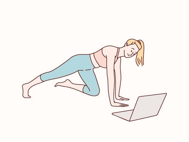 Woman doing workout on mattress seen on laptop simple korean style illustration