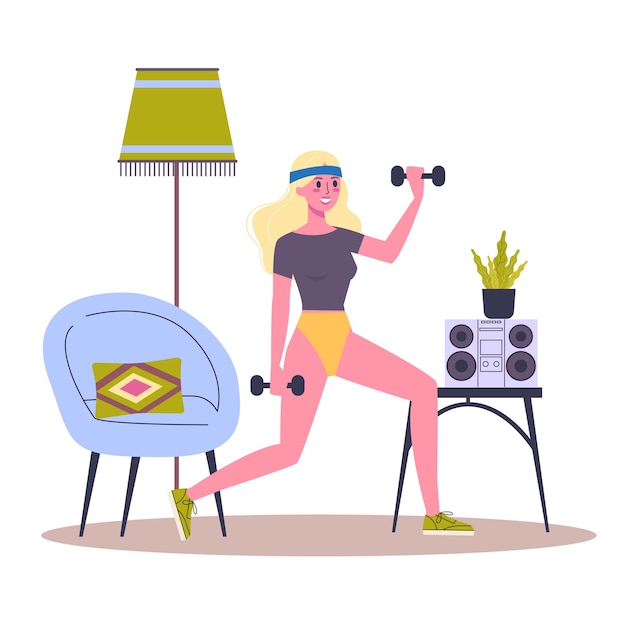 Woman doing workout with dumbbell. Bodybuilder in the gym.   illustration in cartoon style