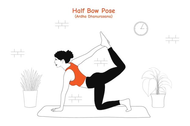 Woman doing yoga asana half bow pose or ardha dhanurasana in flat hand drawn style