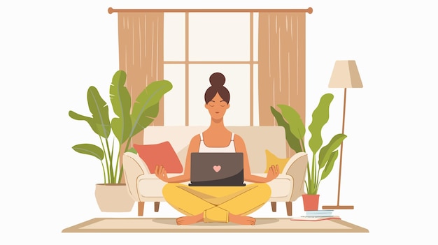 Vector woman doing yoga exercise with laptop at home illustration