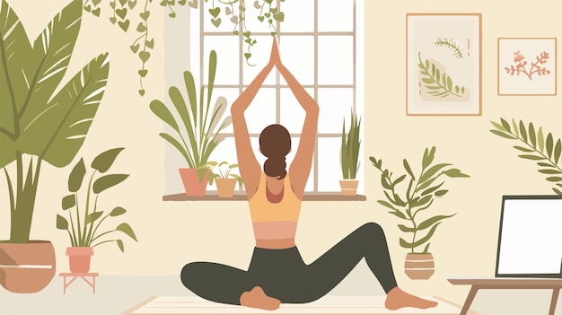 Vector woman doing yoga exercise with laptop at home illustration