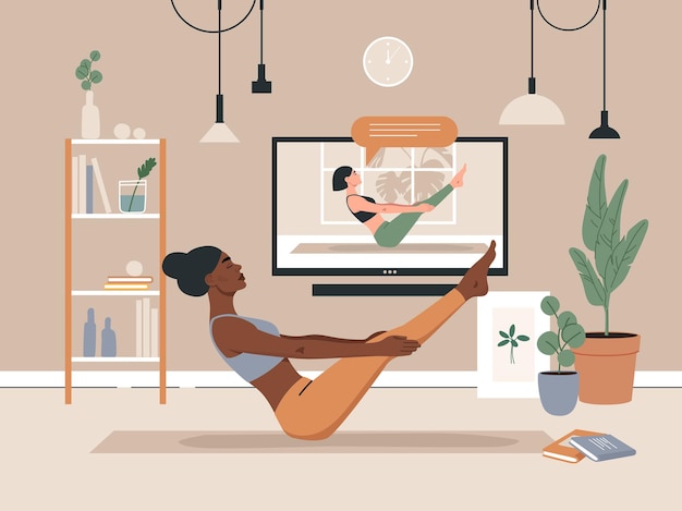 Vector woman doing yoga exercise with online video course in home.